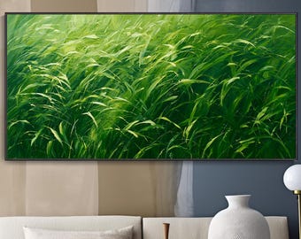 Wild Green Grass Field Oil Painting, Abstract Nature Wall Art, Living Room Decor Christmas Gift, Contemporary Green Canvas Landscape Artwork