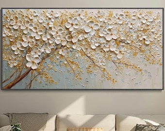 Texturiertes Ölgemälde Mit Gold-Weissen Blüten Impasto Blumen Kunstwerk Neutraler Wanddekor Jahrestagsgeschenk Für Sie Palettenmesser Kunst