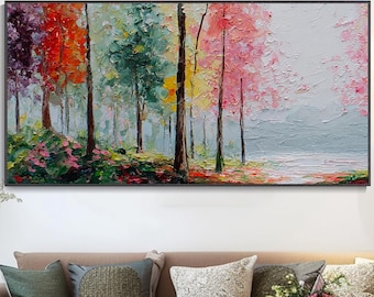 Impasto Pastel Autumn Forest Oil Painting Hand Painted Texture Colorful Tree Wall Art Soft Multicolor Canvas Bedroom Decor Mother's Day Gift