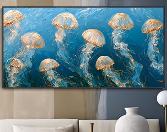 Blue Ocean Jellyfish Oil Painting Underwater Sea Art, Sea Creature Gold Texture Painting, Abstract Marine Canvas Home Decor, Birthday Gift