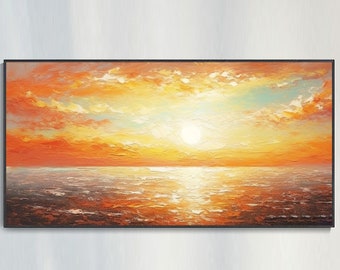 Crépuscule Ardant Paysage Marin Orange Couché de Soleil Peinture à l'Huile Texture Épaisse Nuages Ciel Miroitement Surface Calme de l'Eau