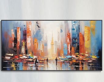Urban Panorama Abstract Oil Painting Thick Texture Blocks Large Horizontal Modern Decor Original Artist City Vibe Pulse New Perspective