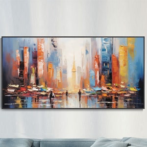 Urban Panorama Abstract Oil Painting Thick Texture Blocks Large Horizontal Modern Decor Original Artist City Vibe Pulse New Perspective