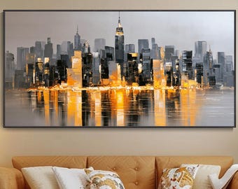 New York City Skyline Oil Painting, Abstract Cityscape Reflection Wall Art, Living Room Decor Thanksgiving Gift, Hand 3D Urban Night Artwork