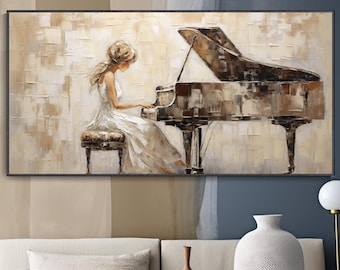 Retro Klassik Klavierspiel Messermalerij Elegantes Mädchen Portrait Leinwand Ölgemälde Minimalismus Musikliebhaber Heimdekoration 3D