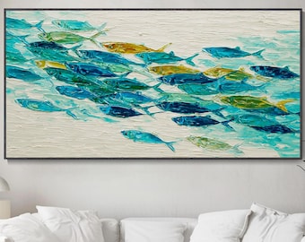 Peinture À L'huile Banc De Poissons Bleus Peinte À La Main Art Mural Océan Turquoise Texturé Toile Côtière Décor Salon Cadeau D'emménagement
