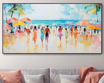 Original Colorful Beach Scene Textured Wall Decor Tropical Vacation Painting Canvas Contemporary Seaside Art Living Room Decor Memorial Gift