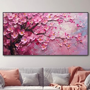 ピンクの桜の花の油絵 木の枝の花びら 温かみのある壁アート 春の花 自然の美しさ ホームデコレーション 背景 壁飾り