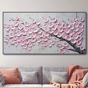 ピンクの桜の花の油絵 春の花 自然の美しさ 室内装飾 木の枝 花びら 温かみのある壁アート 絵画 背景 壁飾り