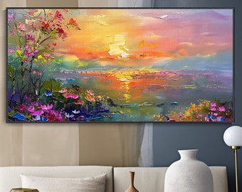 Original Hand Painted Dusk Sunset Cloud Oil Painting Ocean Lake Reflection Nature Landscape Art Rustic Flower Field Sunrise Landscape Decor