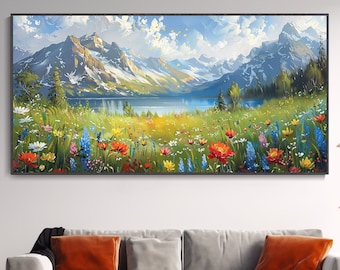Knife Painting Mountain Snow Peak Wild Flower Lake White Cloud Blue Sky Natural Landscape Oil Painting Room Decor Mural Housewarming Gift