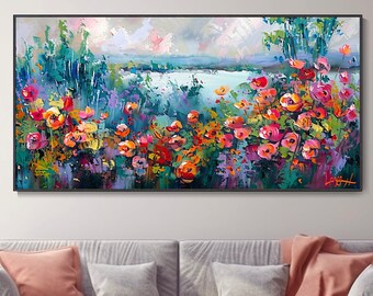 Splendid Flower Oil Painting Garden Lakeside Art Mural Bohemian Spring Hand Original Vintage Creative Design Original Landscape Home Decor