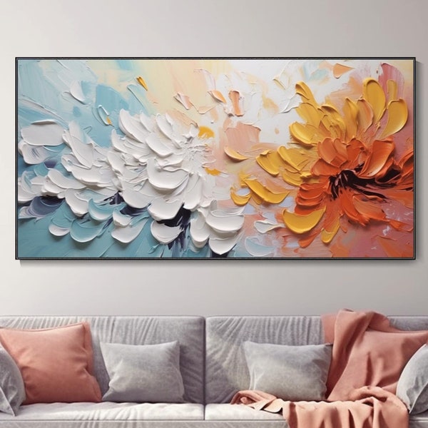 Fleurs épanouies Peinture à l'huile sur toile Texturée au couteau Paysage original Décoration murale Printemps Déco minimaliste moderne