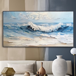 Wabi-sabi witte golf muurschildering Abstract op maat strand zeezicht textuur olieverf Minimalistische kunst 3D dikke textuur canvas