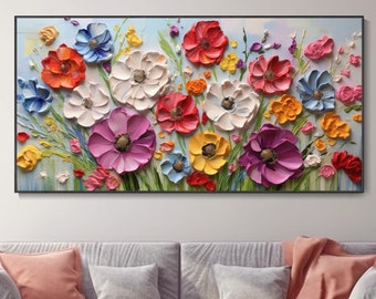 Kleurrijke Bloemenviering Lente in de Tuin Dikke Textuur Handgeschilderd Bloemenlandschap Olieverf Abstract Kunstcanvas Muurdecoratie