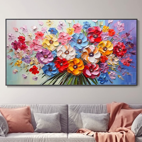 Peinture à l'huile bouquet de mariage 3D coloré fleurs plantes toile texturée art mural paysage printanier déco minimaliste tête de lit