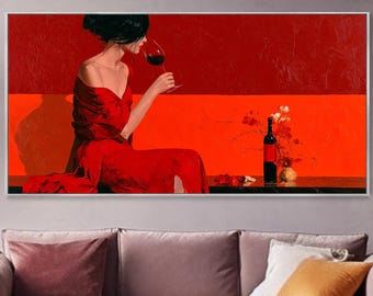 Custom Red Dress Woman Art, Elegant Lady Figure Artwork, Handcrafted Red Canvas Art, Modern Portrait Oil Art, Wine Lover Gift, Canvas Work