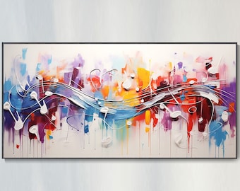 May include: Abstract painting with colorful brushstrokes and white musical notes on a white background. The painting is framed in black.