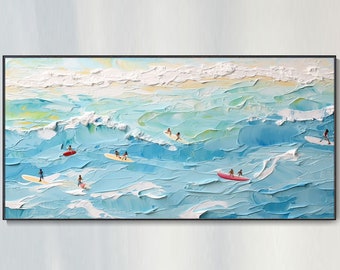 Blue Ocean Landscape Wall Decor, Crowd Portrait Painting, Summer Surf Vacation Party Art, White Wave Texture Hand Painted Oil Painting Gift