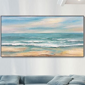 Large Ocean Seascape Canvas Oil Painting, Beach Waves Hand-Painted Texture Painting Sunrise Landscape Wall Art Custom Vacation Souvenir Gift