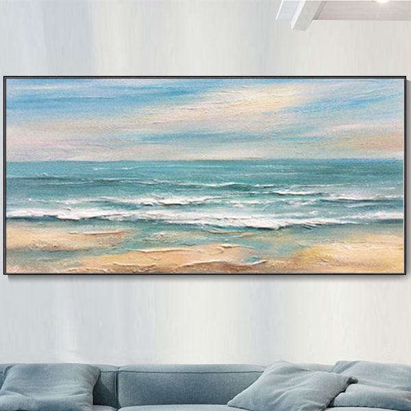 Large Ocean Seascape Canvas Oil Painting, Beach Waves Hand-Painted Texture Painting Sunrise Landscape Wall Art Custom Vacation Souvenir Gift