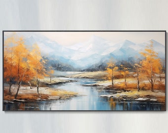 Original Snowy Mountain Canvas Oil Painting, Custom Autumn Forest Wall Art, Abstract River Landscape Painting, Modern Living Room Decor Gift