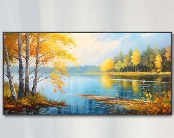 Impressionist Original Oil Painting Lake Scenic Wall Art Boho Autumn Forest Hand Painted Living Room Decor Housewarming Gift