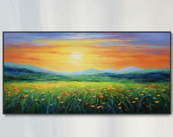 Sunset Afterglow Flowerscape Mountain Meadow Palette Knife Oil Painting Rural Serenity Harmonious Thick Texture Home Decor Vertical Living