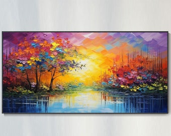 Abstract Autumn Forest Painting, Original Lake Hand Painted Oil Painting, Yellow Sunrise Landscape Reflection Art, Room Decor, Souvenir Gift