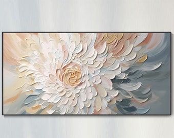 3D Original Floral Texturierte Wandkunst, Wabi-Sabi Minimalistische Leinwand Wanddekor, Wohnzimmer Ölgemälde, Frühling Dekor Messer Malerei