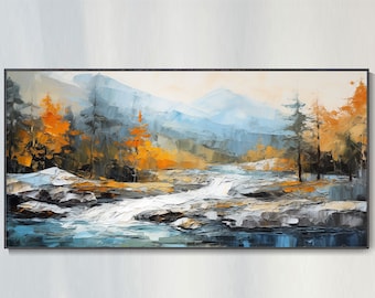 River Forest Landscape Wall Art On Canvas, Abstract Autumn Mountain Scene Muscle Hand Painted Oil Painting, Custom Home Decor, New Home Gift