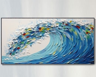 3D Heavy Texture Colorful Wave Oil Painting Hand Blue Ocean Canvas Wall Art Original Surfing Lover Nature Seascape Decor Living Room Unique