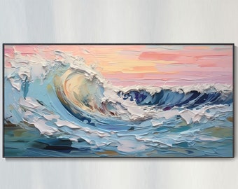 Ocean Waves Sunset Oil Painting Majestic Seascape Pink Blue Palette Spectacular Surf Impasto Knife Art Landscape Living Room Decor
