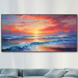 Benutzerdefinierte Meereslandschaft Sonnenaufgang Ölgemälde, Strand Welle Leinwand Wandkunst, Meer Sonnenuntergang Wolke Landschaft Dekor