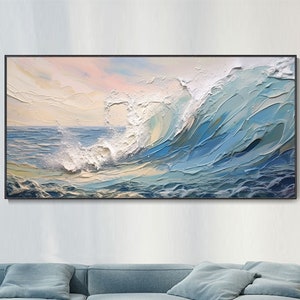 Large Seascape Wall Art, White Giant Waves Home Painting, Blue Ocean Canvas Texture Oil Painting, Living Room Wall Decor, Housewarming Gift