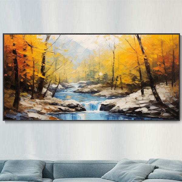 Peinture à l'huile originale forêt d'automne montagnes enneigées peinte à la main Art mural sur toile paysage fluvial moderne pour salon