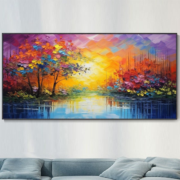 Pintura Del Bosque Del Otoño, Pintura Al Óleo Pintada a Mano Del Lago, Arte De La Reflexión Del Paisaje De La Salida Decor Del Cuarto Regalo