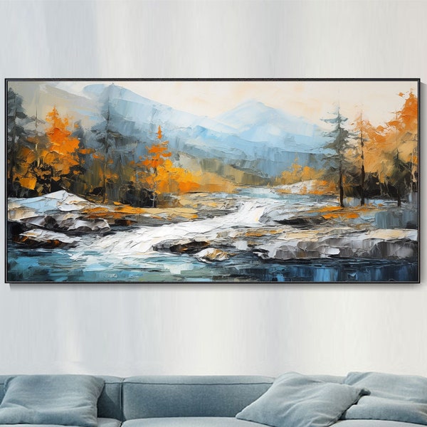 River On Canvas Forest Landscape Wall Art, Abstract Autumn Mountain Scene Muscle Hand Painted Oil Painting, Custom Home Decor, New Home Gift