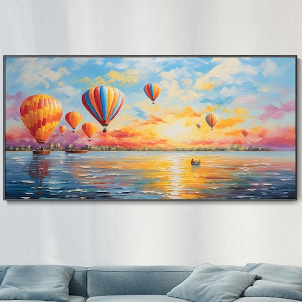 3D Peinture à La Main Montgolfière Colorée Texture Peinture, Océan Lever De Soleil Nuage Art Mural, Voyage Paysage Toile Peinture à l'Huile