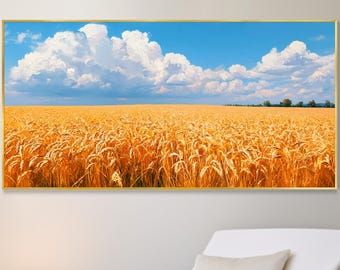 Original Ölgemälde goldenes Weizenfeld Landschaftsbild Leinwand Wanddekoration Weihnachtsgeschenk ländliches Ackerland Himmel Wolken