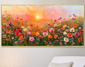 Wildflower Poppy Field Sunset Oil Painting Floral Landscape Wall Decor, Canvas Wall Art, Sunrise Textured Living Room Decor, Halloween Gift