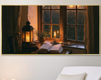 Hand Painted Cozy Vintage Still Life Oil Painting, Window Candle Old Book Rustic Warm Art Home Decor Ideal Thanksgiving Gift Canvas Wall Art