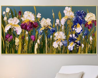 Colorful Iris Oil Painting, Hand‑Painted 3D Floral Canvas Wall Art, Original Bedroom Wall Decor, Gift For Mom, Pastel Modern Flower Artwork