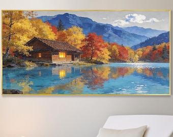 Herbst See Hütte Ölgemälde Handgemalt Herbst Landschaft Berg See Reflexion Wandkunst Lebendiges Leinwand Wohnzimmer Dekor Dankesgeschenk
