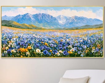 Vibrant Wildflower Mountain Valley Oil Painting, Bright Scenic 3D Wall Art Bedroom Decor, Housewarming Gift, Impasto Alpine Nature Artwork