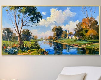Country River Landscape Oil Painting Canvas Wall Art, Tree Textured Art Living Room Decor, Thanksgiving Gift Nature Rural Scenery Wall Decor