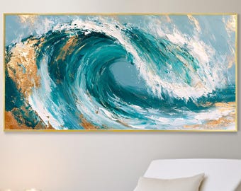 Large Blue Ocean Wave Oil Painting, Gold Foil 3D Knife Texture Seascape Artwork, Coastal Home Decor Christmas Gift, Abstract Sea Wall Art