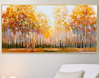 Custom Hand Autumn Birch Forest Oil Painting, Fall Landscape Wall Art, Home Decor, Thanksgiving Gift, Original Canvas Textured Tree Artwork