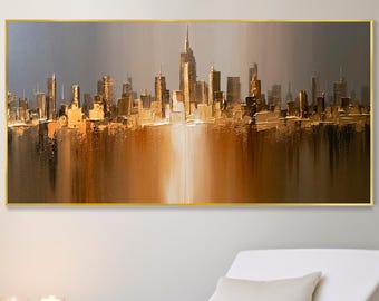 Golden Sunset City Skyline Oil Painting, Abstract Urban Wall Art, Modern Home Decor, Birthday Gift, Luxury 3D Texture Metropolis Canvas Art