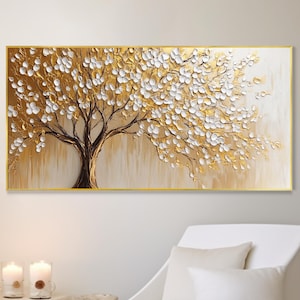 Golden Autumn Tree 3D Texture Canvas Painting: Contemporary Gold Leaf Wall Art